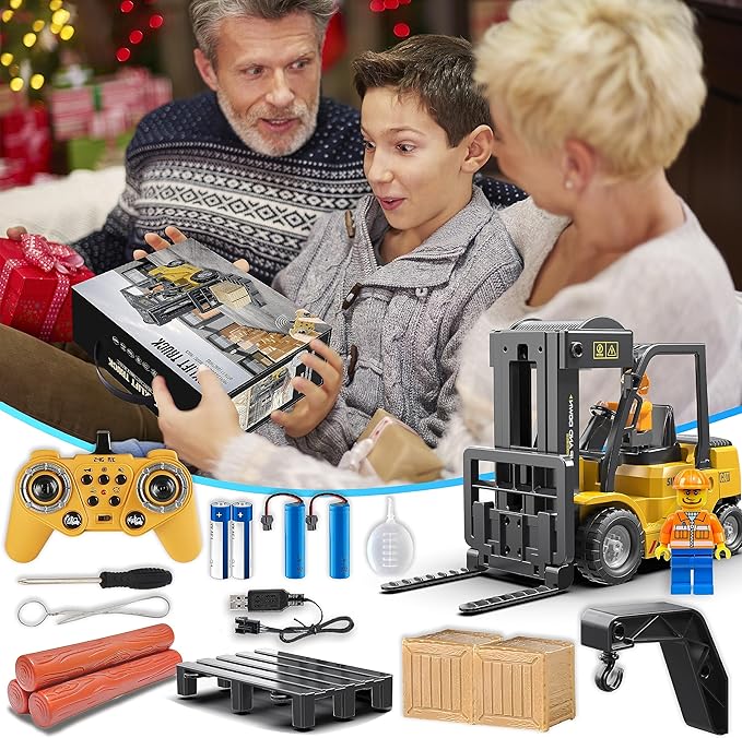 RC Forklift Truck, 2 in 1 Transform Lift Fork & Hook, Kids Forklift Toy, 11 Channel Remote Control Forklift for Adults, 2 Battery, Spray, Light, RC Construction Vehicles Toy Gift for Kids 6+