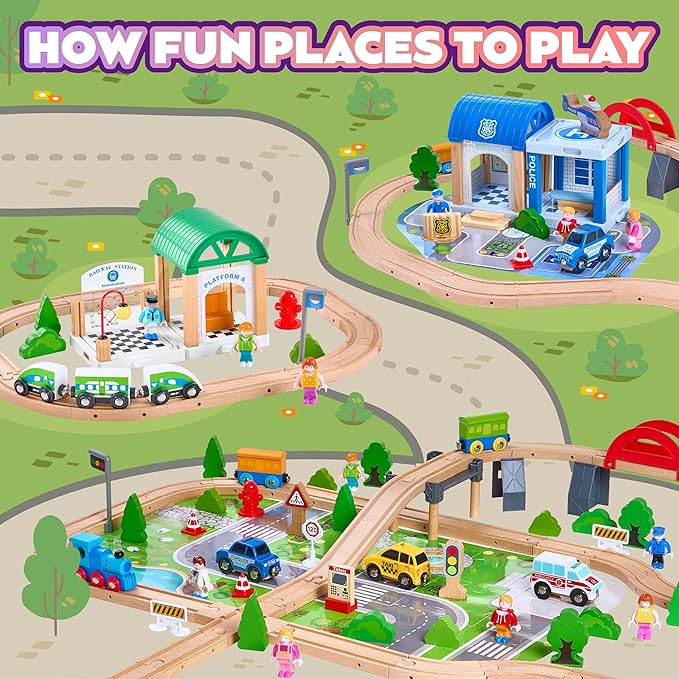 172Pcs Wooden Train Set for Toddlers, Wooden Train Track - Expandable and Changeable, Safe Educational Train Toys Gift for Boys & Girls Kids Ages 3-5 4-8, Compatible with All Major Brands