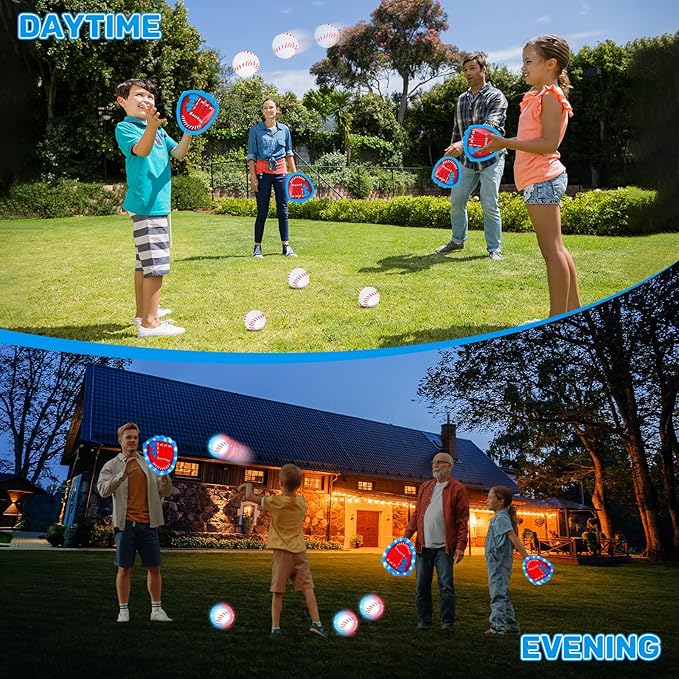 CozyBomB Toss and Catch Ball Game Set - Toddler Sports and Outdoor Toys, Sticky Baseball Glove Catch Games for Kids, Birthday Gifts for 3-10 Year Old Boys Girls (4 LED Paddle 6 Balls Vibration Flash)