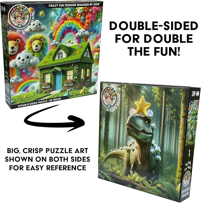 Kids Puzzle Double-Sided Jigsaw – Wonderland & Marshmallow Dinosaur – 36-Piece Toddler, Preschool, & Elementary Puzzle (Ideal for Ages 3-8) | Fun Educational Toy & Gift