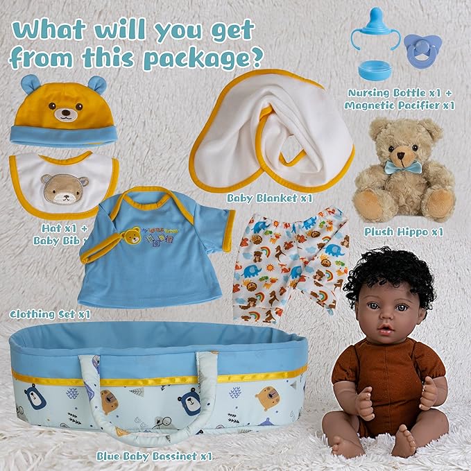 Lifelike Reborn Baby Doll 18-Inch American African Baby Boy Newborn Baby Doll Soft Cloth Body Real Life Baby Dolls for Kids 3+, Complete with Clothes and Toy Accessories