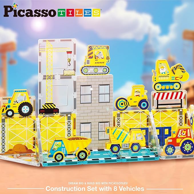 PicassoTiles Magnet Tile Building Blocks Printed Construction Themed Toy Set with 8 Character Action Figure Vehicles Magnetic Tiles STEM Brain Development Learning Toys for Toddlers Kids Ages 3+ PTQ21