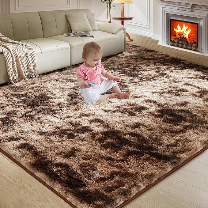 Ultra Soft Rug for Living Room, 4X6 Fluffy Shag Area Rug for Bedroom, Modern Shaggy Carpets Fuzzy Rug for Teens Dorm Nursery Home Decor Aesthetic, Upgrade Anti-Skid Durable, Tie-Dyed Coffee