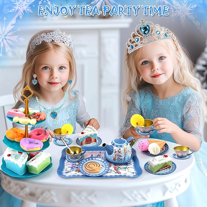 Motiloo Tea Party Set for Little Girls, 58Pcs Princess Tea Set Play Kitchen Toy with Dessert, Doughnut, Carrying Case for Birthday Kids Girls Age 3 4 5 6 7 8 Year Olds