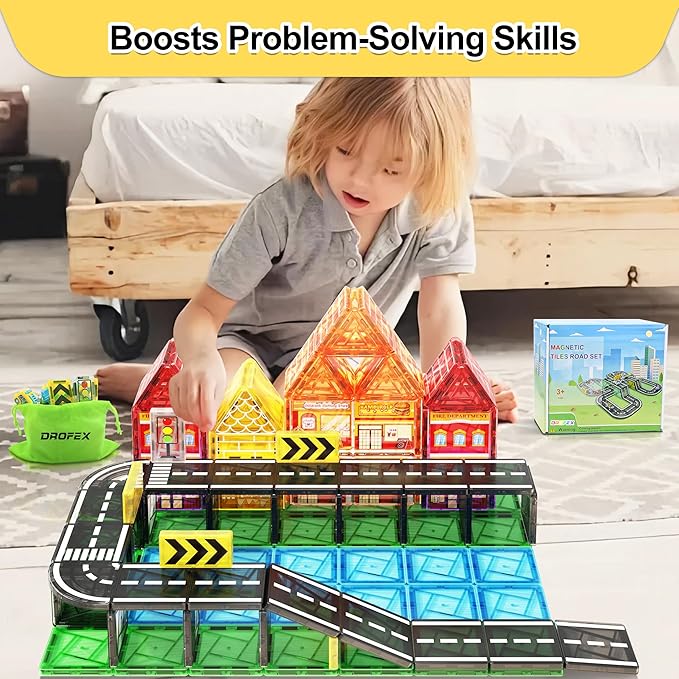 82pcs Magnetic Tiles Road, Magnetic Building Blocks Construction Toys for 3+Year Old Boys Girls, Kids Montessori Toys for Toddler, STEM Learning Gifts