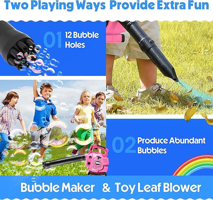 Bubble Leaf Blower for Toddlers - Upgrade Pink Kids Bubble Machine with Gardening Tool Set, 2 in 1 with Extra Bubble Blower Kit Outdoor Play Toys, Birthday Party Gifts for Boys Girls Age 3 4 5+ Years