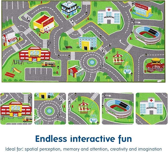 Booooom Jackson Car Rugs for Kids Toy Cars 31X59 Inch,Colorful Fun City Pretend Play - Toddler Car Track Rugfor Bedroom Playroom Non-Slip Backing