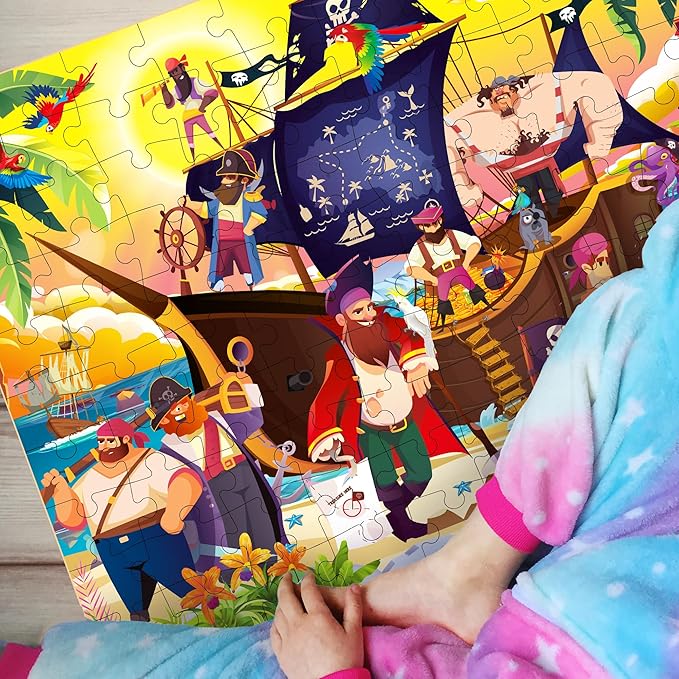 QUOKKA 100 Piece Puzzles for Kids Ages 4-6 – 3 Floor Puzzles for Toddlers 3-5 – Toy for Learning Pirates & Constructions & Animals for 6-8 yo – Jigsaw Toddler Game for Boy and Girl