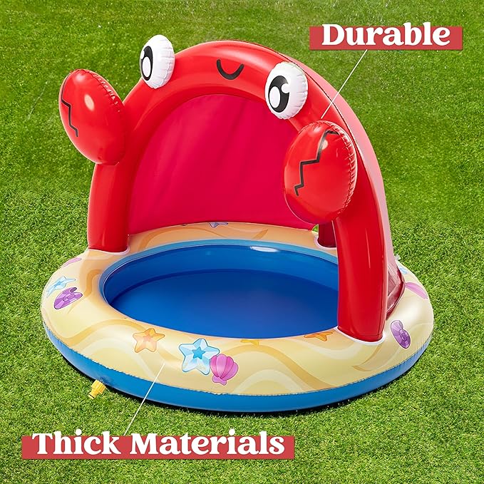 Sloosh Baby Pool Toddler Sprinkler, Crab Splash Pool with Canopy, Baby Wading Pool Inflatable Sprinkler for Learning, Children’s Water Pool Toys, Inflatable Kiddie Pool for Outdoor Summer Water