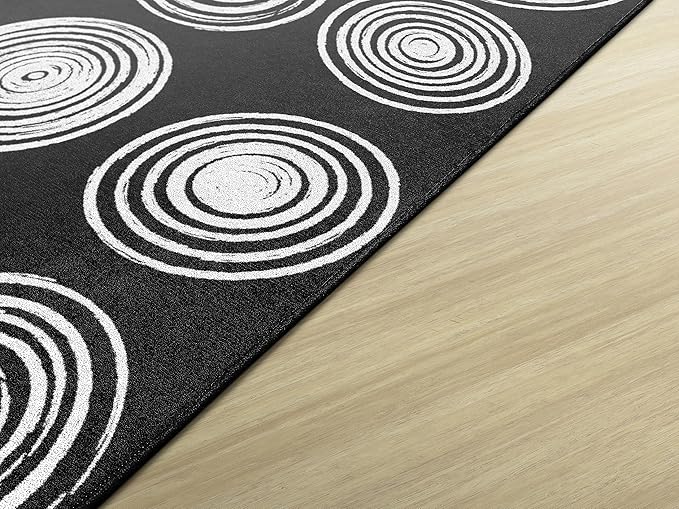 Flagship Carpets Circles Abstract Educational Area Rug for Kids Room Seating Décor, Children's Classroom, Play Carpet for Teaching and Playroom, Seats 20, 6' x 8'4", Black & White