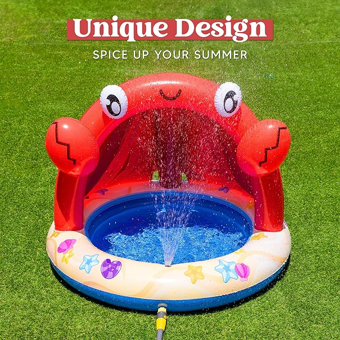 Sloosh Baby Pool Toddler Sprinkler, Crab Splash Pool with Canopy, Baby Wading Pool Inflatable Sprinkler for Learning, Children’s Water Pool Toys, Inflatable Kiddie Pool for Outdoor Summer Water