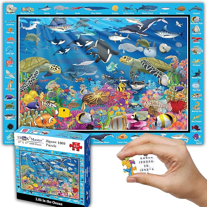 Think2Master Colorful Ocean Life 1000 Pieces Jigsaw Puzzle for Kids 12+, Teens, Adults & Families. Great Gift for stimulating Learning About Coral Reefs. Size: 26.8” X 18.9”