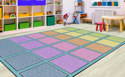 Flagship Carpets Happy Squares Educational Area Rug for Kids Room Seating Décor, Children's Classroom, Play Carpet for Teaching and Playroom, Seats 24, 7'6"x12', Blue & Multi Color