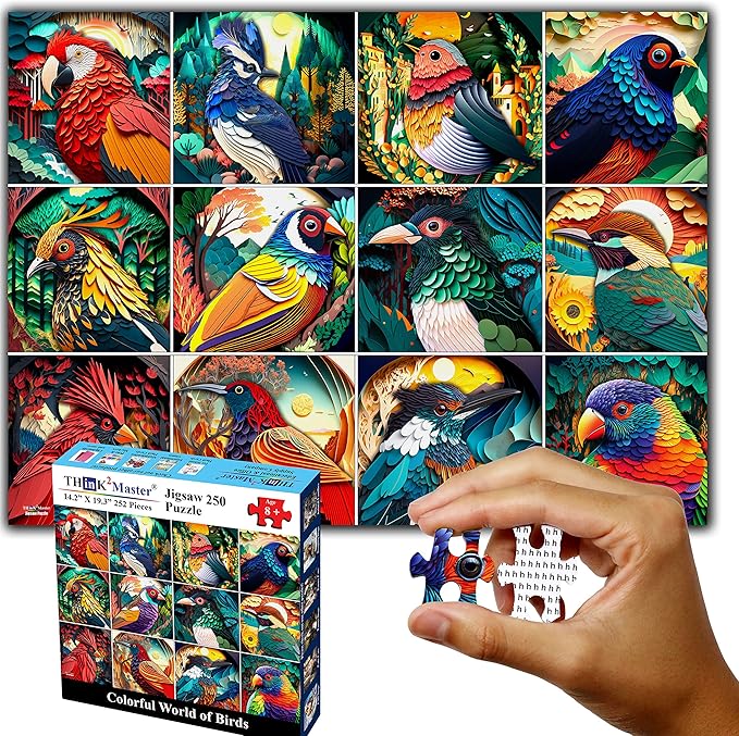 Think2Master Colorful World of Birds 250 Pieces Jigsaw Puzzle Featuring heartwarming Parent and Child Pairs. Fun Toy for Kids 8+, School & Families. Paper Cut Craft Style Size: 14.2” X 19.3”