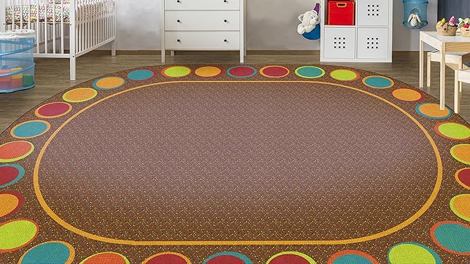 Flagship Carpets Sitting Spots Seating Oval Area Rug for Children's Classroom or Kids Playroom, and Home Learning Carpet, Seats 30, 10'6" x 13'2", Brown