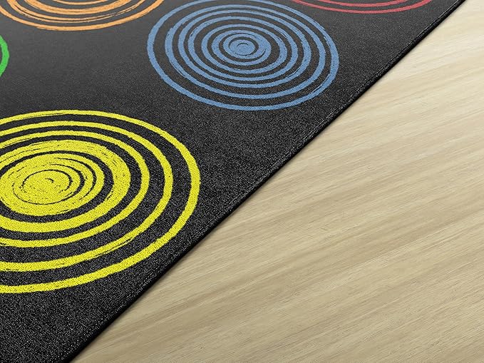 Flagship Carpets Circles Abstract Educational Area Rug for Kids Room Seating Décor, Children's Classroom, Play Carpet for Teaching and Playroom, Seats 24, 7'6" x 12', Black & Multi Color