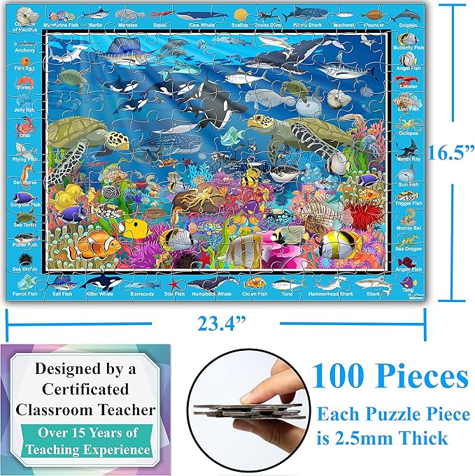 Think2Master Colorful Ocean Life 100 Pieces Jigsaw Puzzle Fun Educational Toy for Kids, School & Families. Great Gift for Boys & Girls Ages 4-8 to Stimulate Learning. Size:23.4” X 16.5”