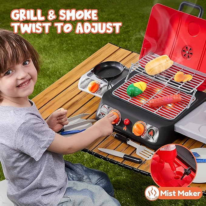Kids BBQ Grill Playset, Kitchen Toy Set with Pretend Smoke, Light, Sound & Color-Changing Food, Play Kitchen Accessories, Indoor Outdoor Cooking Toy for Boys Girls Kids Birthday Gift