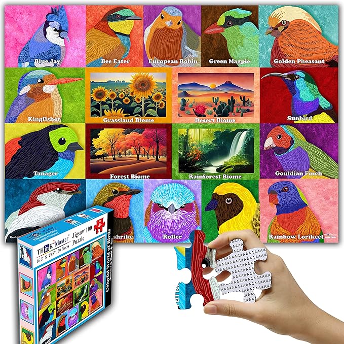 Think2Master Colorful World Map of Birds 100 Pieces Jigsaw Puzzle Fun Educational Toy for Kids, School & Families. Illustration by Rachel Kim. Great Gift for Boys & Girls Ages 4-8. Size:23.4” X 16.5”
