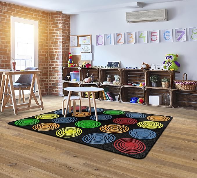 Flagship Carpets Circles Abstract Educational Area Rug for Kids Room Seating Décor, Children's Classroom, Play Carpet for Teaching and Playroom, Seats 20, 6' x 8'4", Black & Multi Color