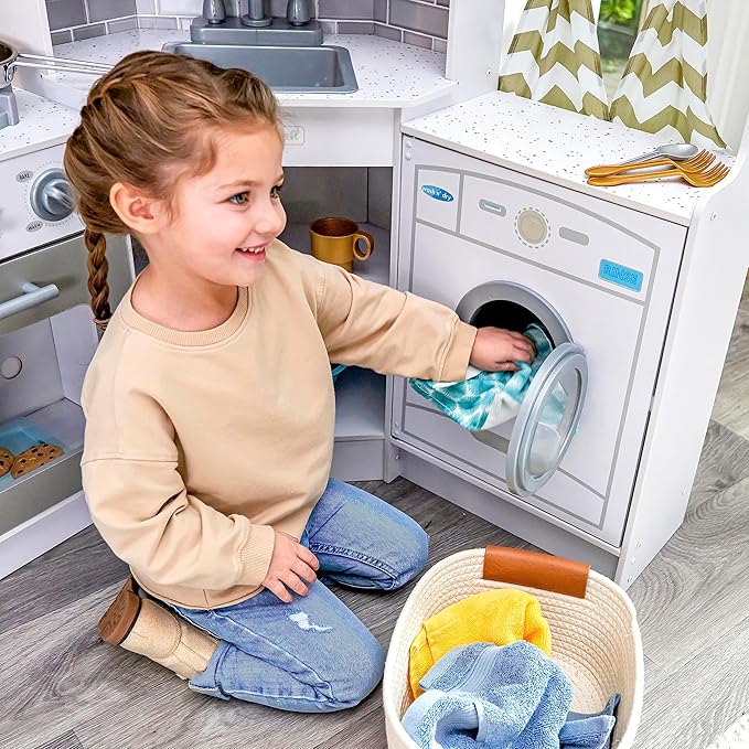 KidKraft Ultimate Corner Wooden Play Kitchen with Lights & Sounds, Play Phone and Curtains, White