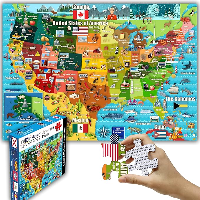 Think2Master Colorful United States Map 100 Pieces Jigsaw Puzzle Fun Educational Toy for Kids, Adults, School & Families. Great Gift for Boys & Girls Ages 4-8 to for Learning USA.23.4” X 16.5”