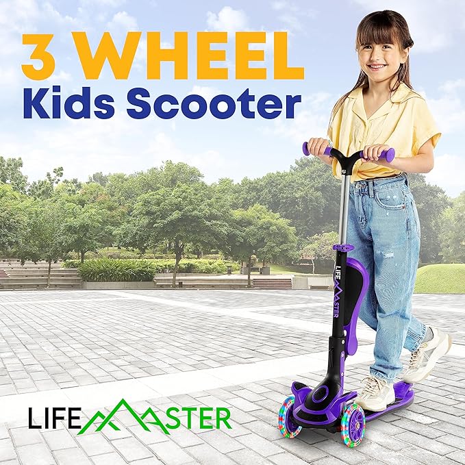 Kids Scooter – Foldable Seat – LED Wheel Lights Illuminate When Rolling – Children and Toddler 3 Wheel Kick Scooter – Adjustable Handlebar – Indoor and Outdoor- by Lifemaster