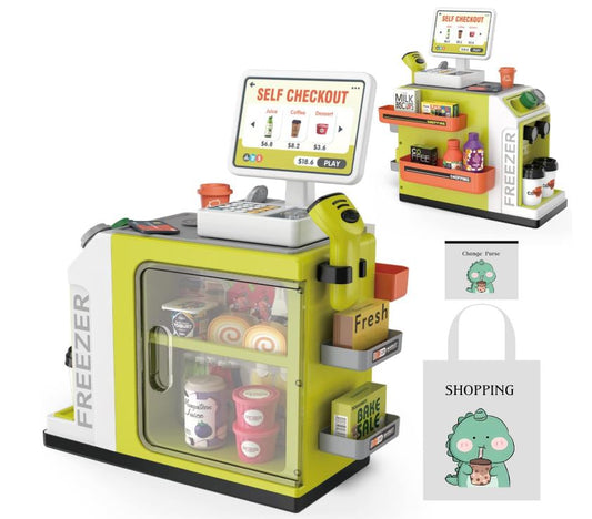 Cash Register Playset for Kids - 48PCS Pretend Play Money, Calculator, Scanner, Credit Card and Play Food for Boys and Girls Ages 3+ (668-124)