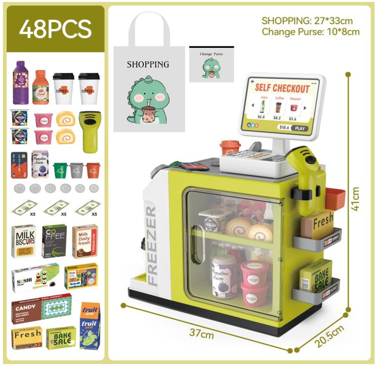 Cash Register Playset for Kids - 48PCS Pretend Play Money, Calculator, Scanner, Credit Card and Play Food for Boys and Girls Ages 3+ (668-124)