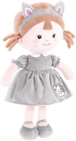 Onetoo First Baby Doll Soft Baby Gifts for Girls Plush Rag Doll Wear Kitty Costume Gray Dress 14"