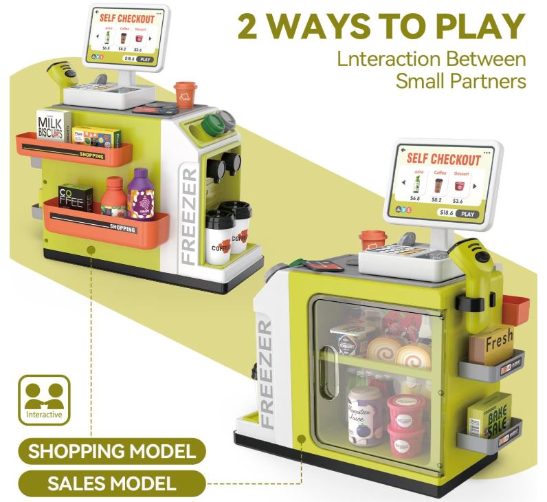 Cash Register Playset for Kids - 48PCS Pretend Play Money, Calculator, Scanner, Credit Card and Play Food for Boys and Girls Ages 3+ (668-124)