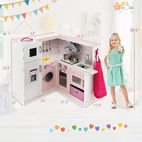 HONEY JOY Pink Corner Kids Kitchen Playset, Wooden Play Kitchen for Toddlers, Washing Machine, Range Hood, Water Dispenser, Cookware, Apron, Little Chef Pretend Toy Kitchen Set w/Lights & Sounds
