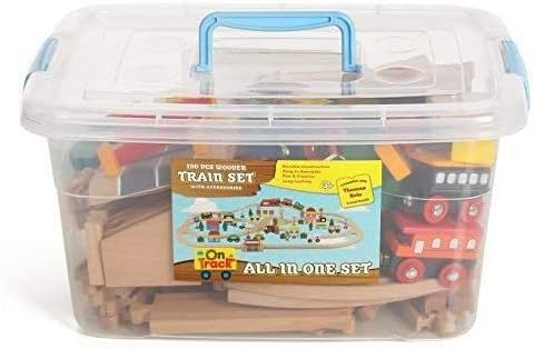 Wooden Train Set 100 Piece All in One Wooden Toy Train Tracks Set with Magnetic Trains and Railway Accessories, Comes in A Clear Container, Compatible with All Major Brands