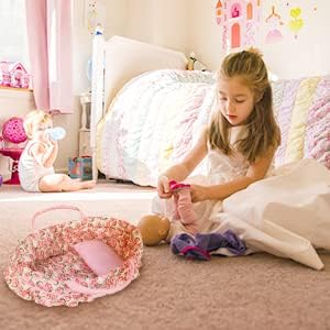 Doll Carry Cot Set, Sweet Dreams Soft Bassinet Doll Carrier Includes 1 Cot and 1 Pillow, Pink Flower Doll Bassinet, Fits for 16 Inch American Girl Dolls