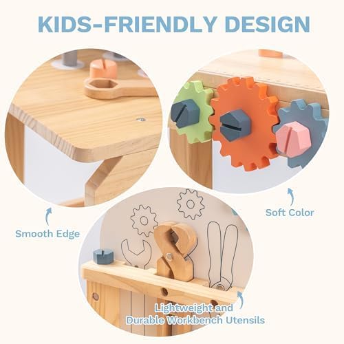 ROBUD Large Wooden Play Tool Workbench Set for Kids Toddlers, Construction Workshop Tool Bench Toys Gift, Multicolor