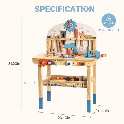 ROBUD Large Wooden Play Tool Workbench Set for Kids Toddlers, Construction Workshop Tool Bench Toys Gift, Multicolor