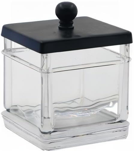 H Halston Apothecary Glass Cotton Jar Holder for Qtips, Cotton Balls, Floss, Storage Canister, Bathroom Organization, With Matte Black 304L Stainless Steel Lid, Makeup Vanity Organizer