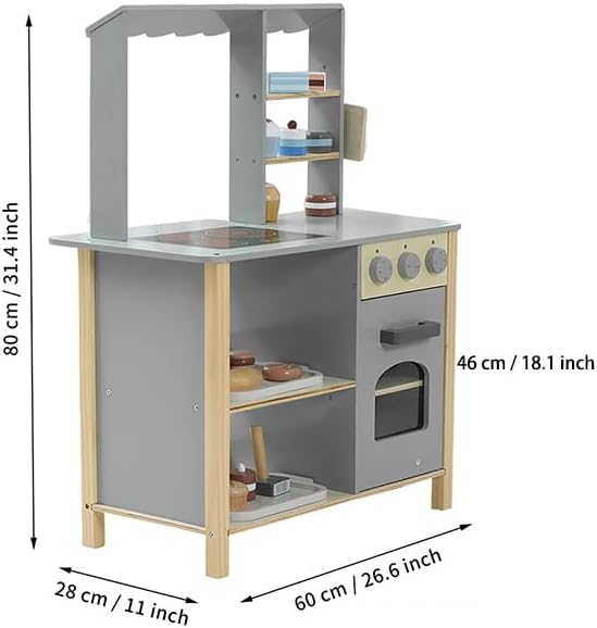 Wooden Play Kitchen Set for Kids, Kids Kitchen Playset Chef Pretend Cooking Set for Toddlers, Children Toys Kitchen with 28 Pcs Toy Bread & Bakeware Accessories