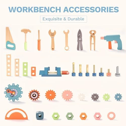 ROBUD Large Wooden Play Tool Workbench Set for Kids Toddlers, Construction Workshop Tool Bench Toys Gift, Multicolor