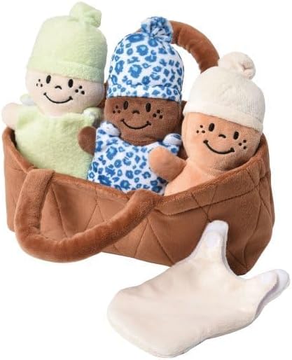 Creative Minds Basket of Babies with 3 Super Soft 9" Plush Doll Toys for Kids, Multicultural Sensory Babies Toy Set with Basket, Green, White, Blue