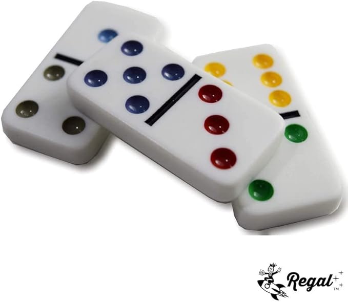 Regal Games - Mexican Train Dominoes Game Set - Double 15 Colored Dot Dominoes - 8 Metal Trains, 136 Tiles, Wooden Hub, Collector’s Tin - Fun Family-Friendly Game - for 2-8 Players