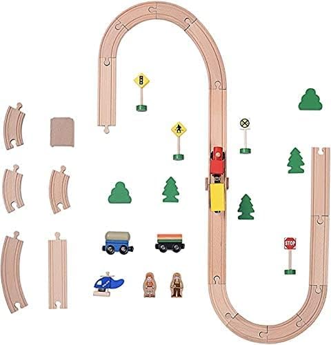 Wooden Train Set,39 Pcs-with All-Wood Train Tracks with Double Sided Wooden Tracks and Color Box for 3+ Year Old Boys and Girls Toddler-Fits Thomas Brio Melissa and Doug… (39PC)