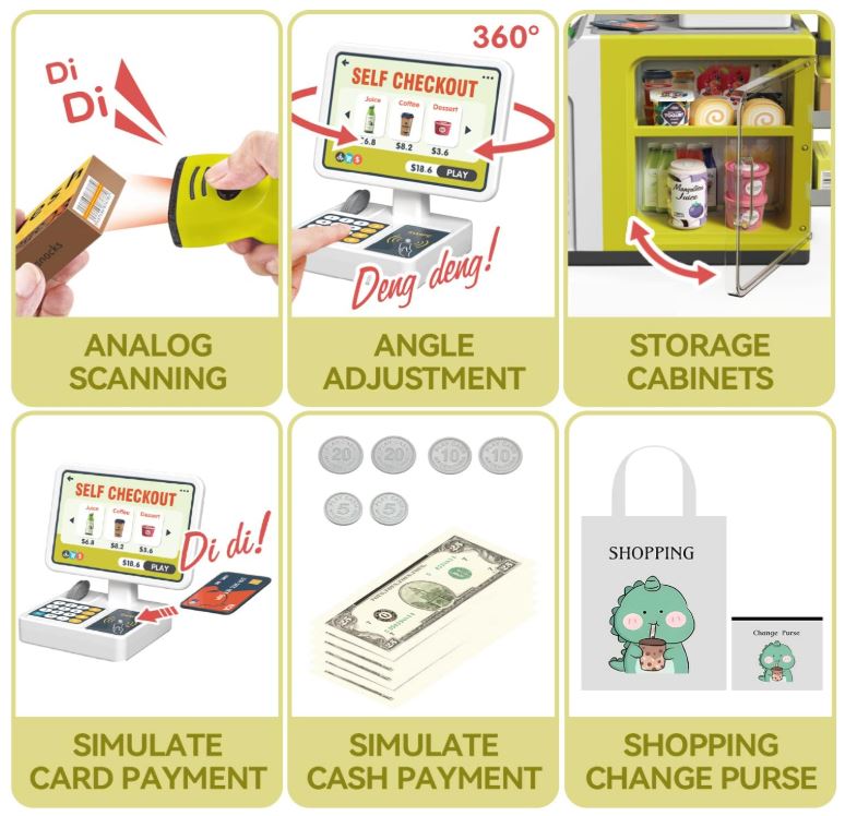 Cash Register Playset for Kids - 48PCS Pretend Play Money, Calculator, Scanner, Credit Card and Play Food for Boys and Girls Ages 3+ (668-124)
