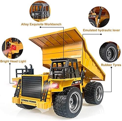 Remote Control Construction Dump Truck Toy 2.4G RC 6 Channel Bulldozer 4 Wheel Driver Mine Construction Alloy Metal Vehicle Truck 1:18 with 2 Rechargeable Batteries for Boys Birthday Xmas Gift