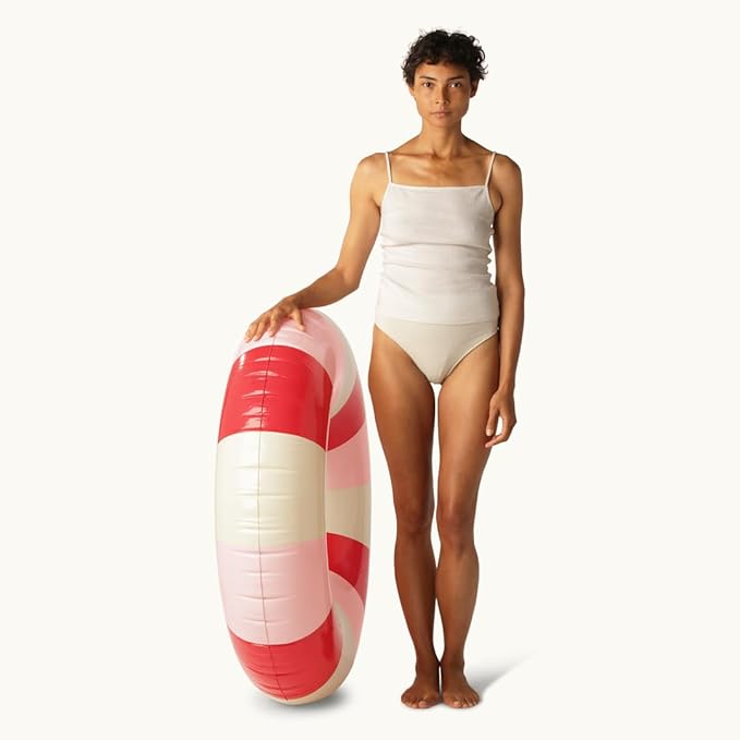 Petites-Pommes Pool Water Tubes for Adults - Durable Inner Tube, Handprinted Classic Striped Design Inflatable Ring, Soft Comfort Seaming, Packable Floats for Travel, Red & Pink, 47 inch