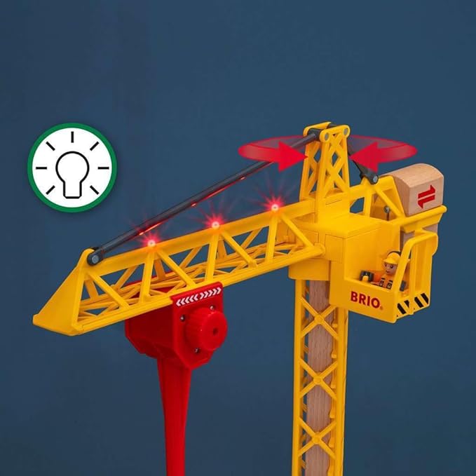BRIO 33835 Construction Crane with Lights | Premium Wooden Toy Train Set | Ideal for Kids Age 3 and Up | Built with Sustainable Materials | Yellow