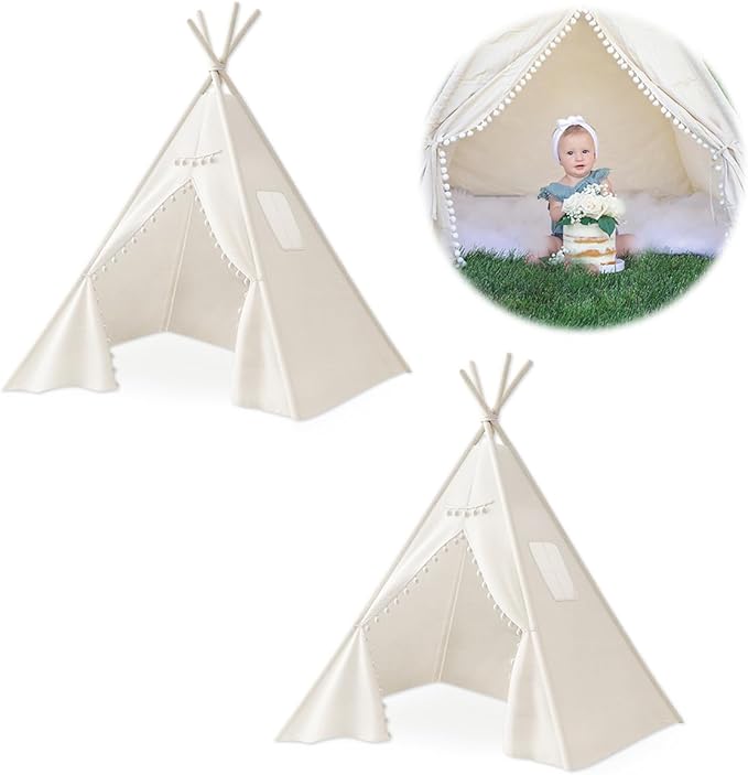 2 PCS Teepee Tent for Kids,Washable Tapered Kids Teepee Tent,Bohemian White Collapsible Sleepover Tents,for Boys and Girls Sleepover Pajamas Party Birthday SPA