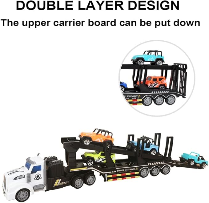 Remote Control Car Transporter Truck Includes 4 Cars - 14" 1:48 Mini RC Toy Semi Truck Trailer with 2pcs Rechargeable Batteries, Carrier Car Truck Vehicle with Lights, Great Gift for Kids Boys Girls