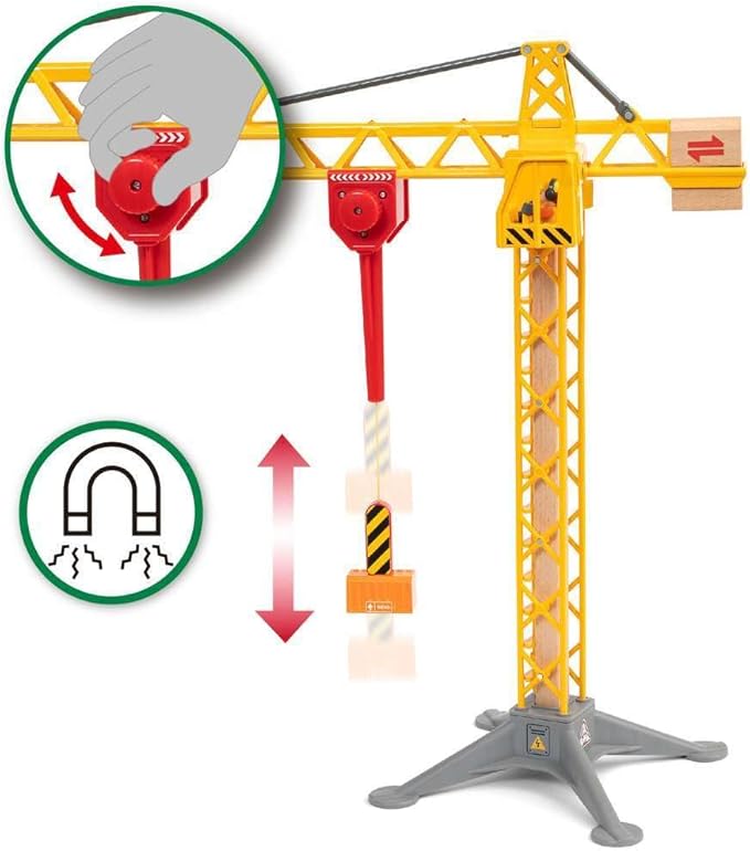 BRIO 33835 Construction Crane with Lights | Premium Wooden Toy Train Set | Ideal for Kids Age 3 and Up | Built with Sustainable Materials | Yellow