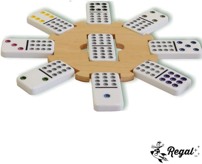 Regal Games - Mexican Train Dominoes Game Set - Double 15 Colored Dot Dominoes - 8 Metal Trains, 136 Tiles, Wooden Hub, Collector’s Tin - Fun Family-Friendly Game - for 2-8 Players